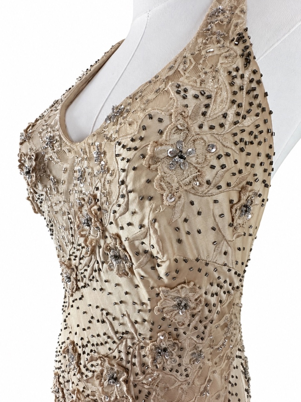 Vintage 2005 Sue Wong Nocturne Silk Beaded Halter Gown Champagne Size 4 - Picture 5 of 10
